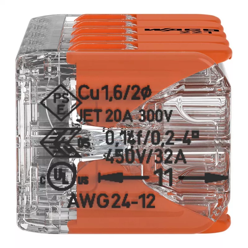 WAGO 221-420 Kompaktne ühendusklemm hoobadega, 10 juhi jaoks, 0,2-4 mm², läbipaistev korpus, oranž hoob, 10-pakk