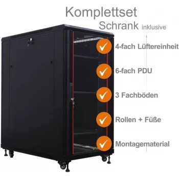 IT-BUDGET 19-tolline võrgukapp SRK - komplekt - 27 HE - LxS 800x800 mm - klaas/täisteras uks - 4 aktiivset ventilaatorit - PDU - riiulid - eelmonteeritud - must (99ITB19SRK2788GSM)