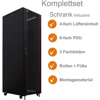 IT-BUDGET 19-tolline võrgukapp SRK - Täiskomplekt - 42U - 600x800 mm - Klaas/Terasuks - 4 aktiivset ventilaatorit - PDU - Riiulid - Flatpack - Must (90ITB19SRK4268GS)