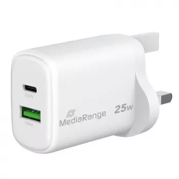 MediaRange 25W GaN kiirlaadija UK pistikuga, 1x USB-C ja 1x USB-A, PD ja QC, valge (MRMA112-UK)