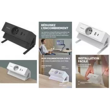 Fellowes Power Desk lauatoitepistikupesa tüüp E valge 3 AC-pistikut 2 USB-A 2m kaabel