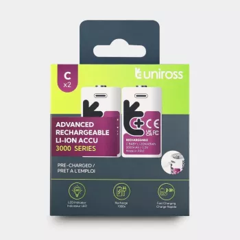 Uniross USB-C C/HR14 laetavad liitiumioonakud 3000mAh, 2-pakk