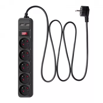 Akyga AK-SP-05U liigpingekaitsega pikendusjuhe, 5 CEE 7/5 (E-tüüpi) pistikupesa, 2x USB-A, 1,8 m, must