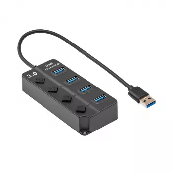 AKYGA AK-AD-33 USB 3.0 Hub 4-Port with Individual Switches, 15 cm Cable, Black