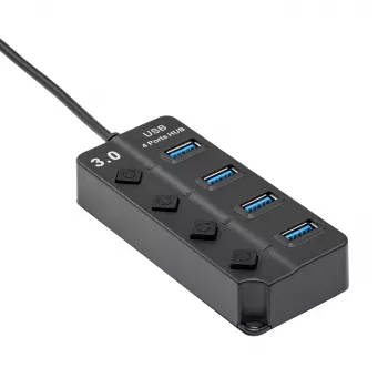 AKYGA AK-AD-33 USB 3.0 Hub 4-Port with Individual Switches, 15 cm Cable, Black