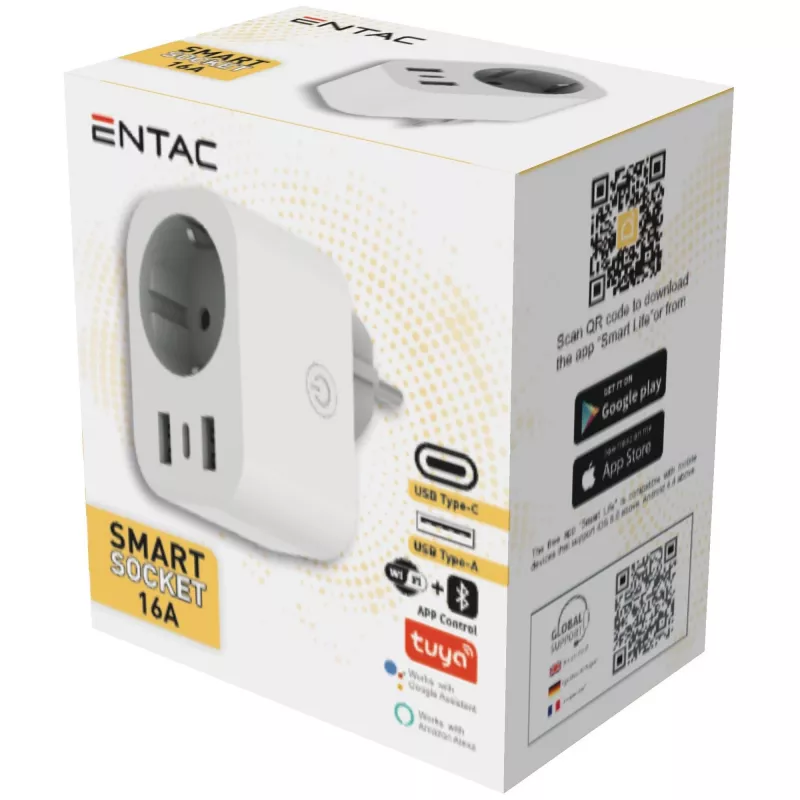 ENTAC Smart WiFi Plug 1x Schuko with 2x USB-A and 1x USB-C, White