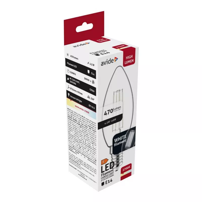 Avide LED Filament Küünlalamp 4.5W E14 Soe Valge 2700K