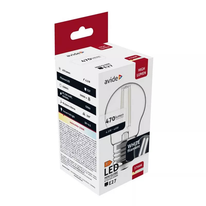 Avide LED-pirn valge hõõgniidiga minigloob 4,5W E27 soe valge 2700K