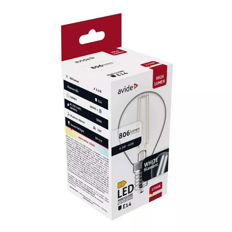 Avide LED pirn valge hõõgniidiga minigloob 6,5W E14 soe valge 2700K