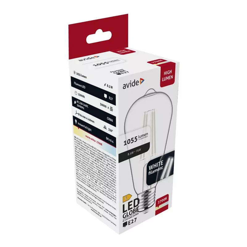 Avide LED pirn valge hõõgniidiga ST64 8.5W E27 soe valge 2700K