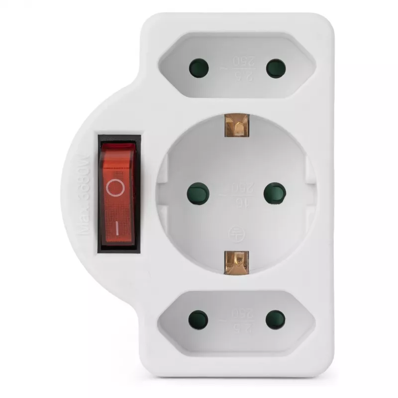 ENTAC seinakontakti adapter 2x Euro 1x Schuko lülitiga valge