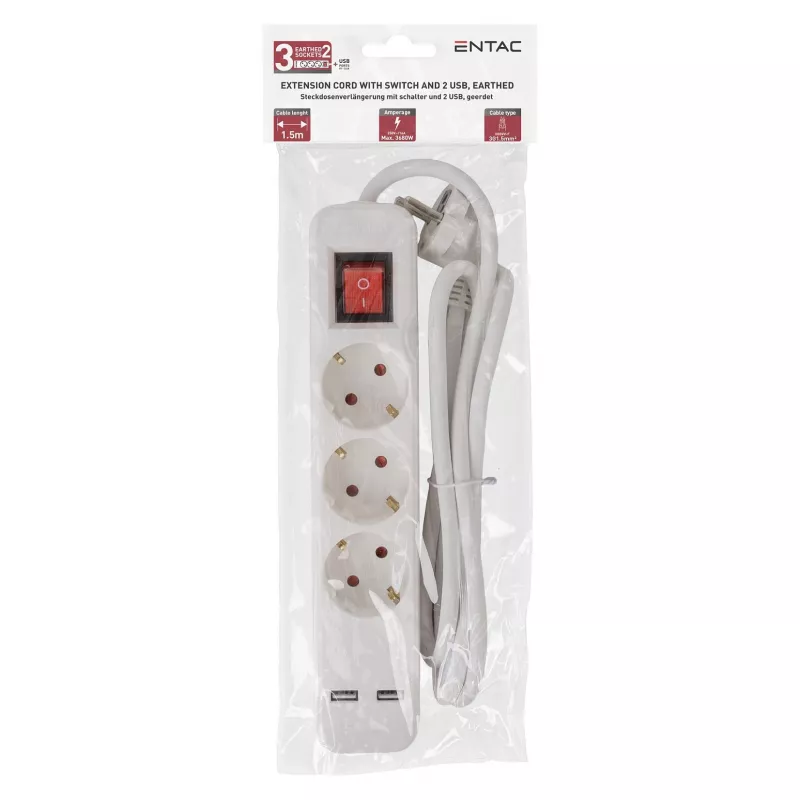ENTAC Power Strip 3-Way with USB 1.5m Switch White