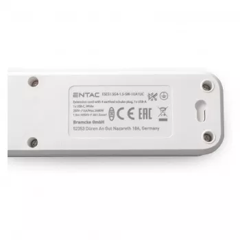 ENTAC toiteplokk 4-kohaline 1x USB-A ja 1x USB-C, 1,5 m valge
