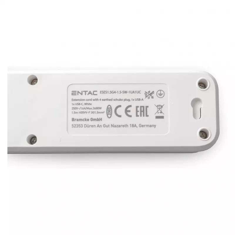 ENTAC toiteplokk 4-kohaline 1x USB-A ja 1x USB-C, 1,5 m valge