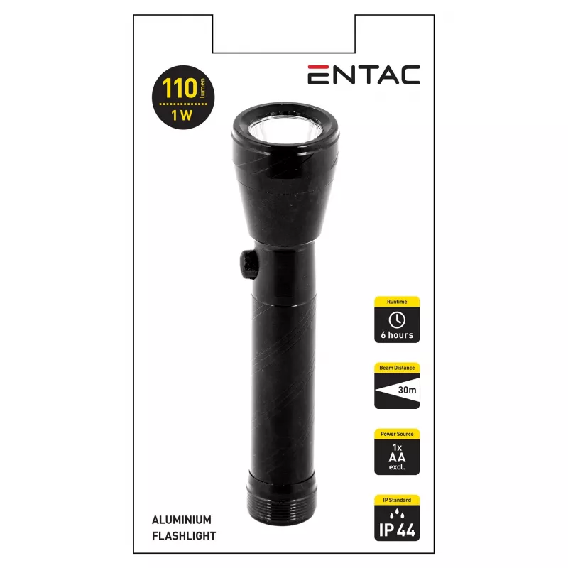 ENTAC 1W LED Taskulamp Alumiinium Must AA Aku