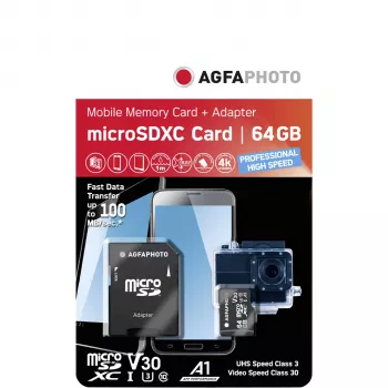 AGFAPHOTO MicroSDXC UHS-I 64GB High Speed Class 10 U3 V30+ koos SD-adapteriga