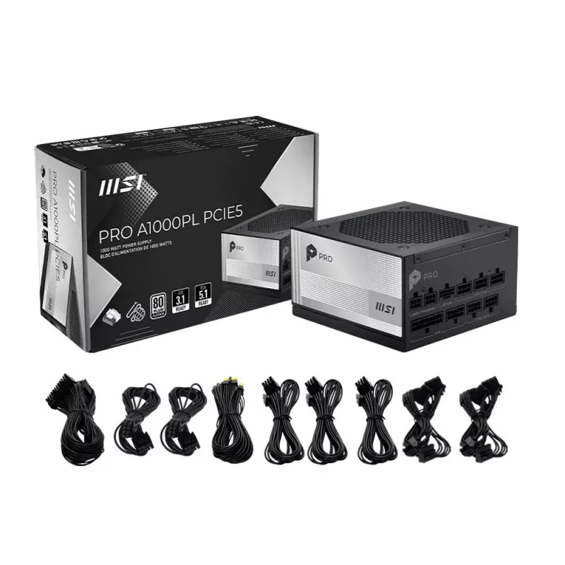 MSI PRO A1000PL PCIE5 1000W 80 PLUS Gold täielikult modulaarne ATX 3.0 toiteplokk