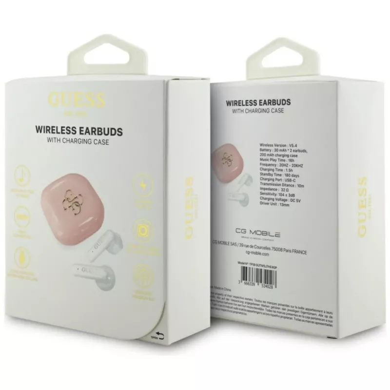 Guess 4G Metal Logo True Wireless Stereo Bluetooth 5.0 Kõrvaklapid Laadimiskarbiga - Roosa