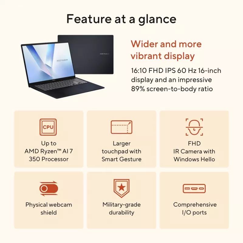 ASUS VivoBook 16 M1607KA-MB164W - Ryzen AI 5 330 | 16 inch | 16GB | 512GB | W11H | Sinine