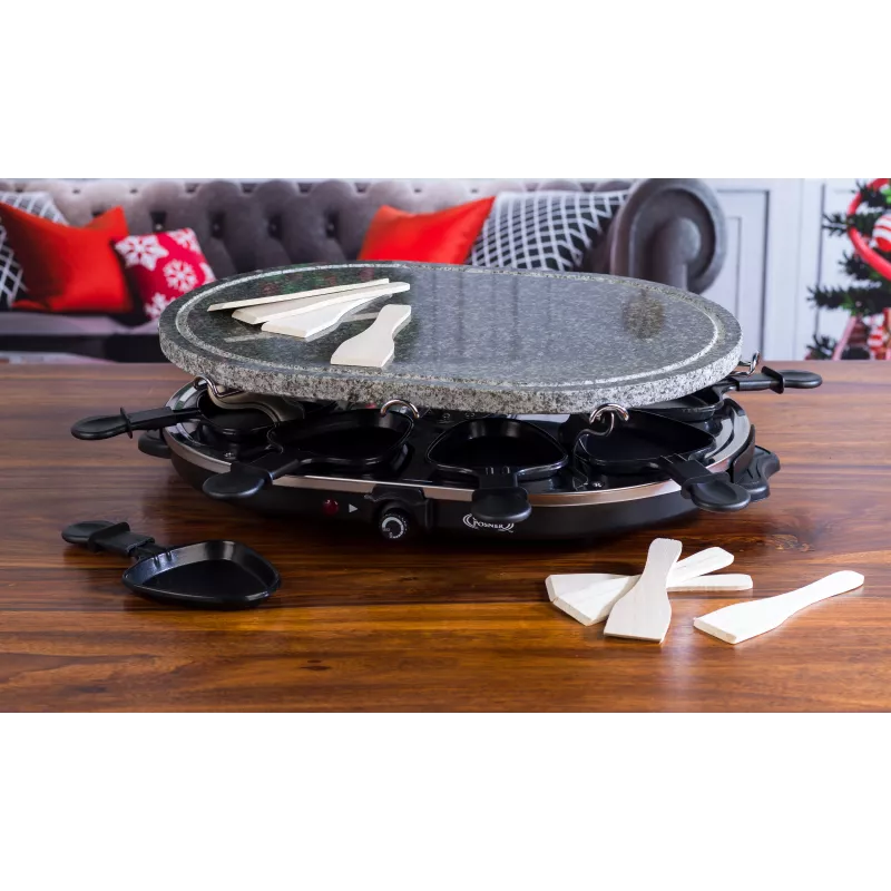 Giles & Posner EK1872GV2VDE Lauapealne Kiviga Raclette Grill - 1200W, 8-le inimesele, Must/Hall