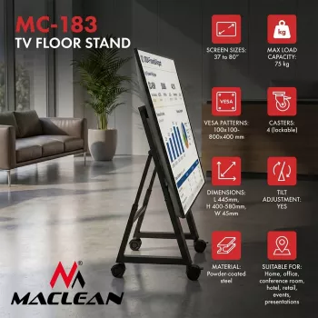 Maclean MC-183 mobiilne TV põrandaalus/käru, 37-80 inch, VESA 800x400, 75kg, lukustatavad rattad, must