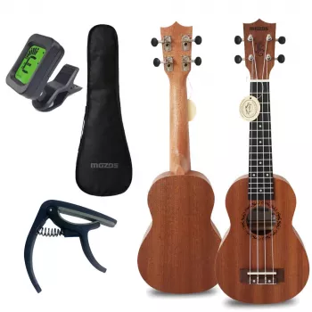 MOZOS GECKO Sopran Ukulele komplekt - naturaalne puit, 12 fretti, nailonkeeled, sisaldab transpordikotti, häälestajat, plektreid, rihma, varukeeli, puhastuslappi