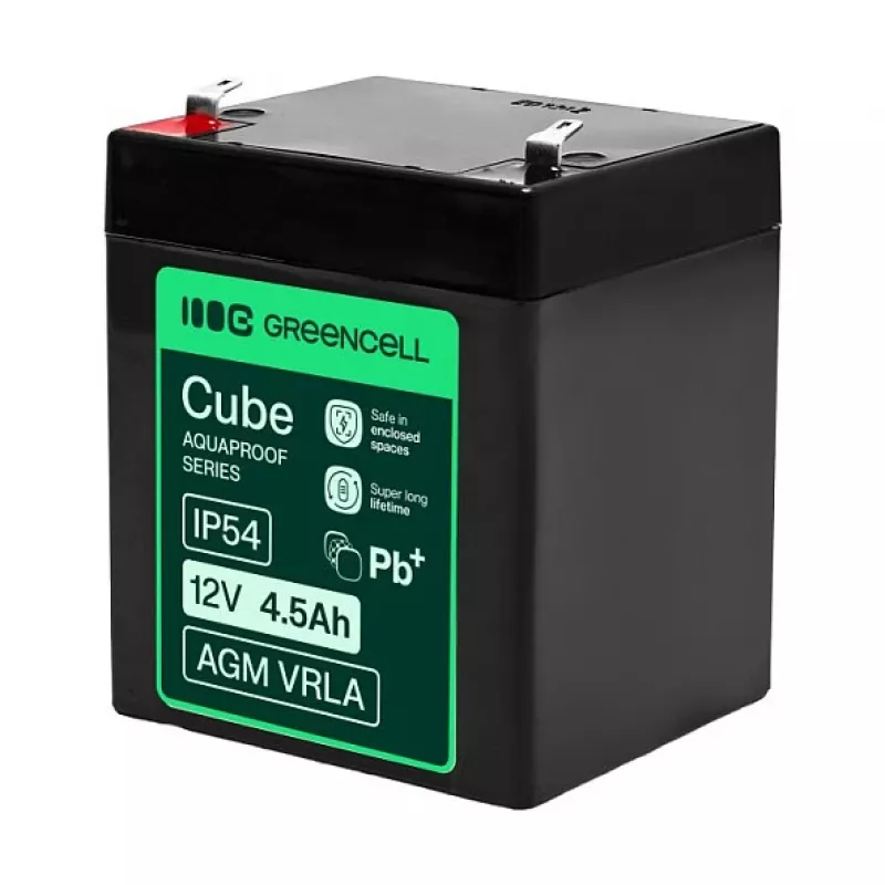Greencell AGM VRLA 12V 4.5Ah hooldusvaba aku kassaregistritele, mänguasjadele, kaameratele (90x70x106mm)