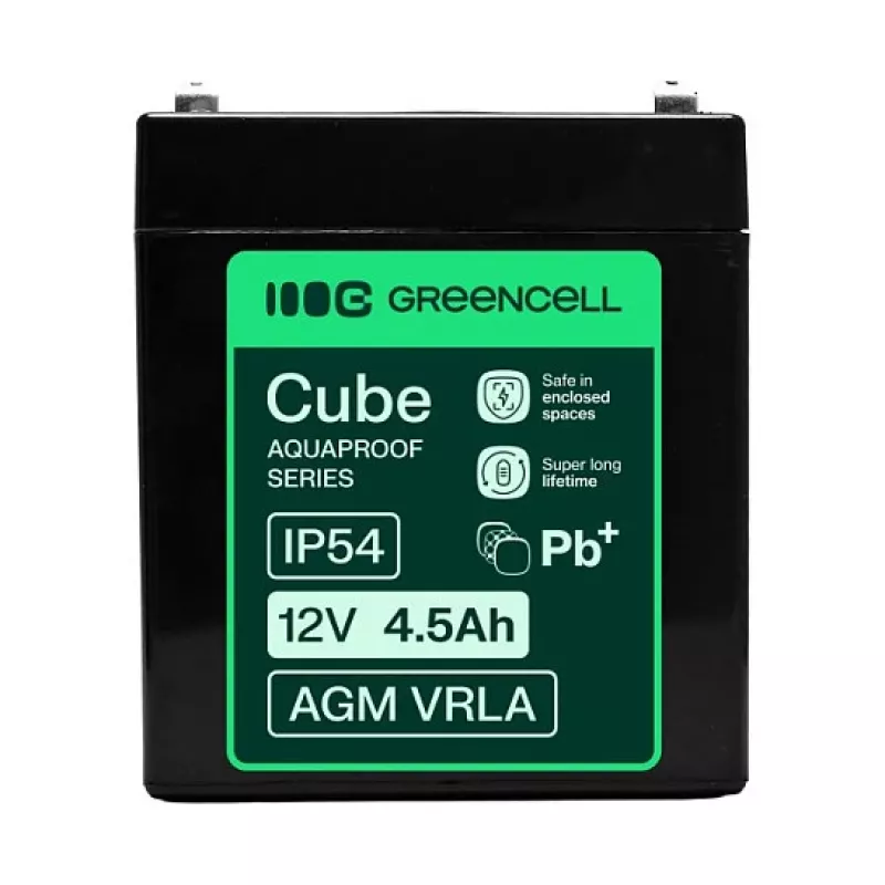 Greencell AGM VRLA 12V 4.5Ah hooldusvaba aku kassaregistritele, mänguasjadele, kaameratele (90x70x106mm)
