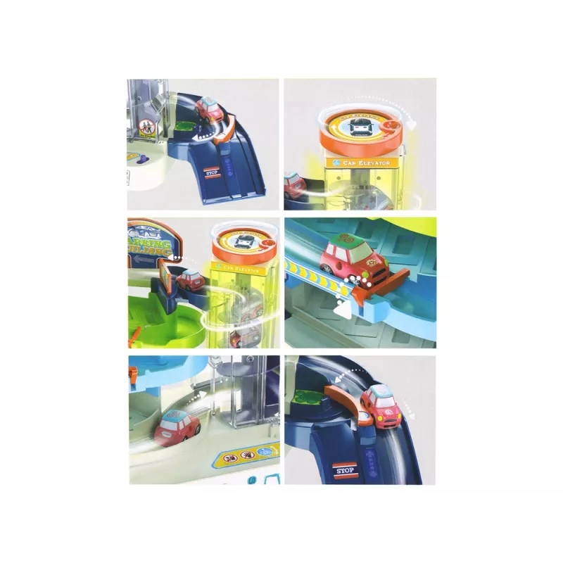 LEAN TOYS Interaktiivne mitmekorruseline parkimiskomplekt autodele, tulede ja helidega