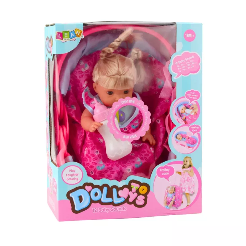 LEAN TOYS Imikunukk kandekotis pudeli ja lutiga, räägib, laliseb, pissib