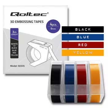 Qoltec 4 reljeefteibi komplekt DYMO Omega jaoks | 9mm x 3m | 4 värvi | isekleepuv
