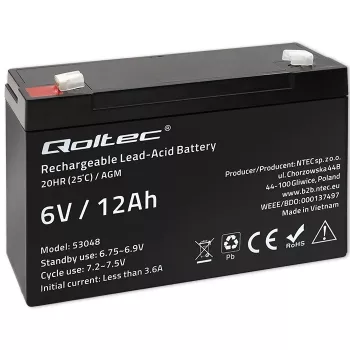 Qoltec AGM Aku 6V 12Ah Hooldusvaba Pika Elueaga UPS-ile, Kaaludele, Kassaregistritele