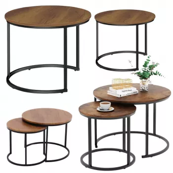 LEAN Set of 2-in-1 Round Coffee Tables Vintage Natural Wood 70x50cm 45x44cm