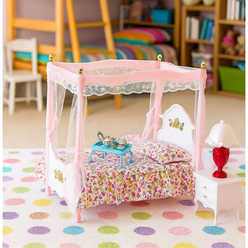 LEAN TOYS Nukumööbli komplekt: Baldahhiinvoodi, öökapid, lambid