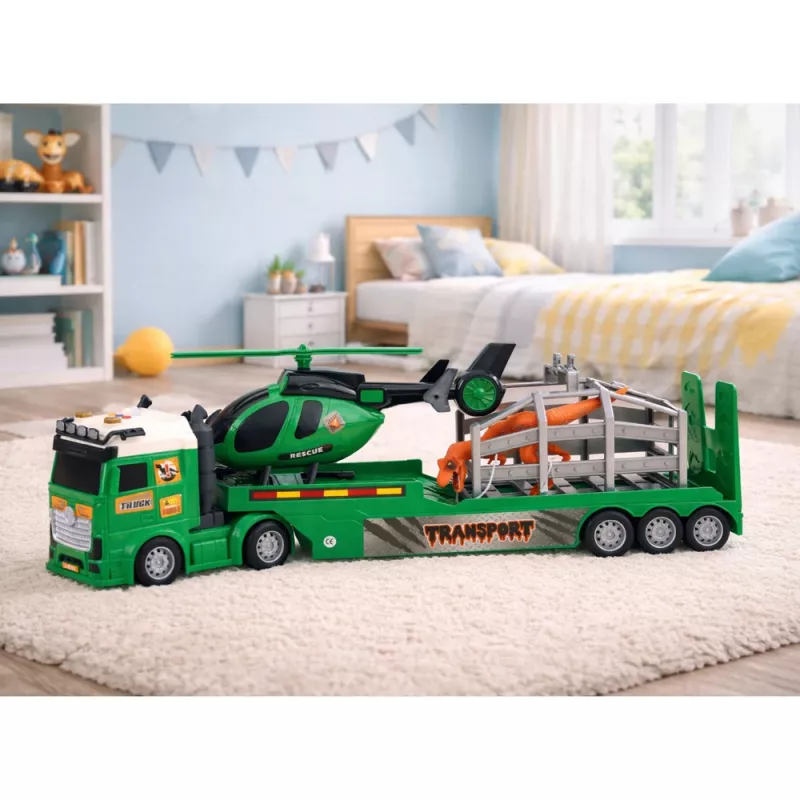 LEAN TOYS Dinosauruste transpordikomplekt: veok, puksiirauto, helikopter, tuled, heli