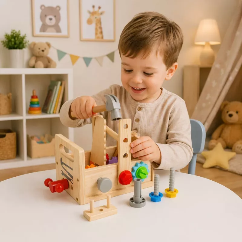 LEAN TOYS Puidust Tööriistakomplekt Lastele Hammasrataste ja Mutritega - 25 Osaga, FSC Puit, Vanus 3+