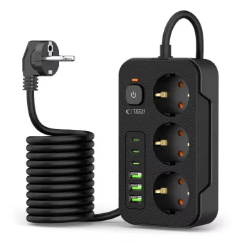 TECH-PROTECT PC3X6 Toiteplokk 3 USB ja 3 Type-C ja 3 Pistikupesa 200cm Must