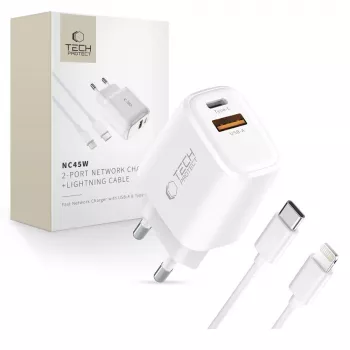 TECH-PROTECT NCA45W-GAN 2-pordiline võrgulaadija PD 45W / QC3.0 + Lightning kaabel valge