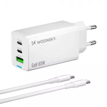 Wozinsky GaN 65W Laadija USB-A ja 2x USB-C pordiga ning USB-C kaabliga 65W - Valge