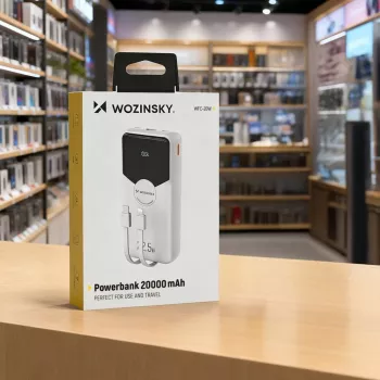 Powerbank Wozinsky WFC-15W 20000mAh 22.5W PD20W sisseehitatud Lightning ja USB-C kaablitega - Valge