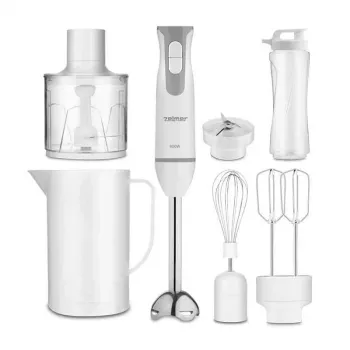 ZELMER ZHB4555S 1000W saumikser, hõbe/must, roostevabast terasest tera, muudetava kiirusega turbo funktsiooniga, hakkija 500ml, vispel, tops 700ml