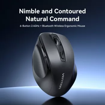 Vention KTMB0 Dual-Mode 2.4GHz + Bluetooth 5.1 Wireless Optical Mouse, 6 Buttons, 800-2400 DPI, Black