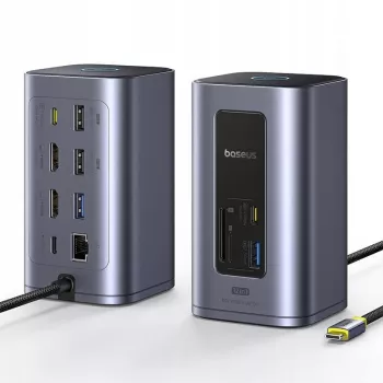 Baseus Air Spacemate 12-in-1 USB-C Hub, 2x HDMI 4K@60Hz, 2x USB-C 10Gbps, 2x USB-A 5Gbps, 2x USB-A 480Mbps, RJ45, SD/microSD, USB-C PD, Grey