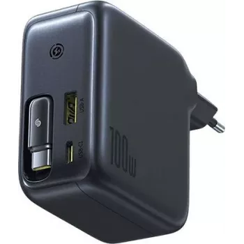 Baseus EnerCore CJ11 100W GaN seinadapter sissetõmmatava USB-C kaabliga, 2 USB-C ja 1 USB-A porti, must