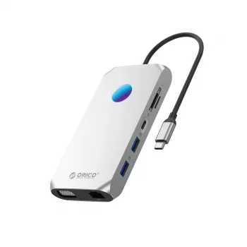 ORICO XCR 12-in-1 USB-C dokkimisjaam RGB-ga, 2x USB-A 3.1, 1x USB-A 2.0, 1x USB-C PD 100W, 1x USB-C 3.1, 2x HDMI 2.0 4K 60Hz, 1x VGA 1080p, 1x microSD/SD 3.0, 1x RJ45 Gigabit Ethernet, 1x Audio CTIA 3.5mm - Hall