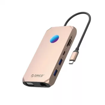 ORICO XCR 12-in-1 USB-C dokkimisjaam RGB, 2x USB-A 3.1, 1x USB-A 2.0, 1x USB-C PD 100W, 1x USB-C 3.1, 2x HDMI 2.0 4K 60Hz, 1x VGA 1080p, microSD/SD 3.0, RJ45 Gigabit Ethernet, 3.5mm heli CTIA - Roosakuld