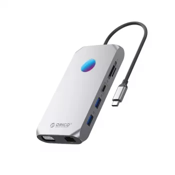 ORICO XCR 12-in-1 USB-C dokkimisjaam RGB-valgustusega, 3x USB-A 3.1, 1x USB-A 2.0, 1x USB-C PD 100W, 1x USB-C 3.1, 1x HDMI 1.4 4K 30Hz, 1x VGA 1080p, 1x microSD/SD 3.0, 1x RJ45 Gigabit Ethernet, 1x Audio CTIA 3.5mm - Hall