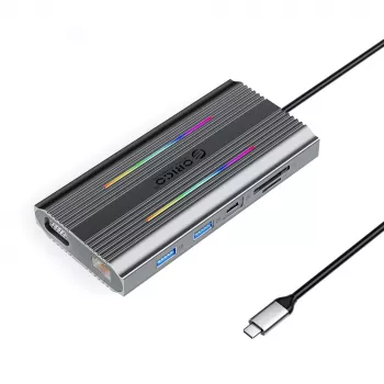 ORICO XCR 12-in-1 USB-C dokkimisjaam RGB, 3x USB-A, USB-C PD 100W, HDMI 4K, VGA, RJ45 Gigabit, SD/microSD kaardilugejaga - hall