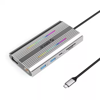 ORICO XCR 12-in-1 USB-C dokkimisjaam RGB, 3x USB-A, USB-C PD 100W, HDMI 4K, VGA, RJ45 Gigabit, SD/microSD kaardilugejaga - hõbedane