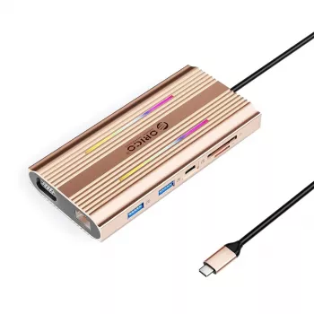 ORICO XDR 12-in-1 USB-C dokkimisjaam RGB, 3x USB-A, USB-C PD 100W, HDMI 4K, VGA, RJ45 Gigabit, SD/microSD kaardilugeja - roosakuldne